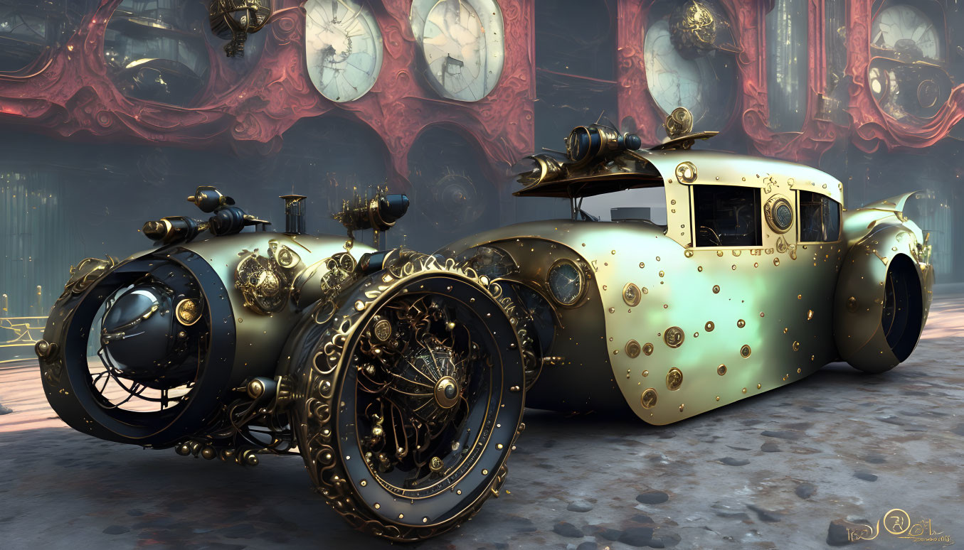 Steampunk-inspired vehicle with brass details and gears against clocks and red shapes