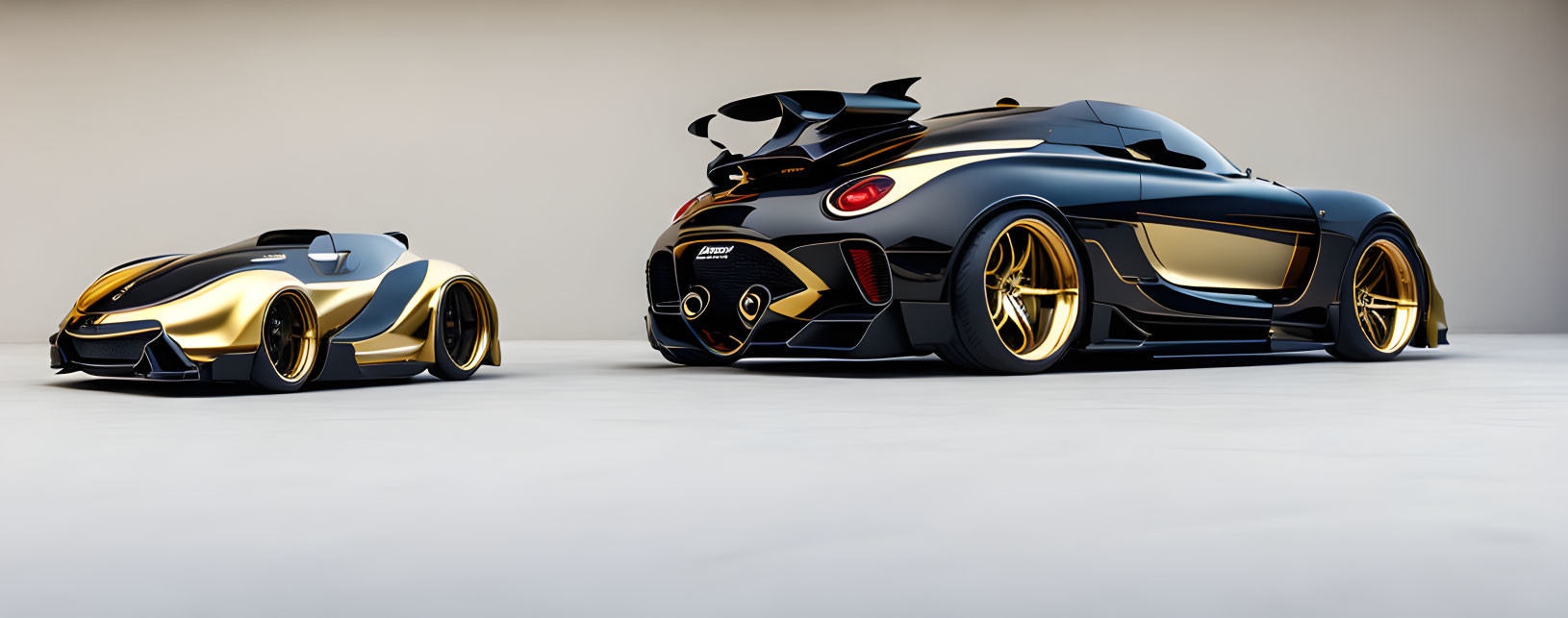 Luxurious black and gold sports car and motorcycle in minimalist showroom.