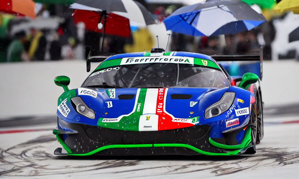 Italian Flag Colored Racing Car Speeds on Wet Track with Spectators and Umbrellas