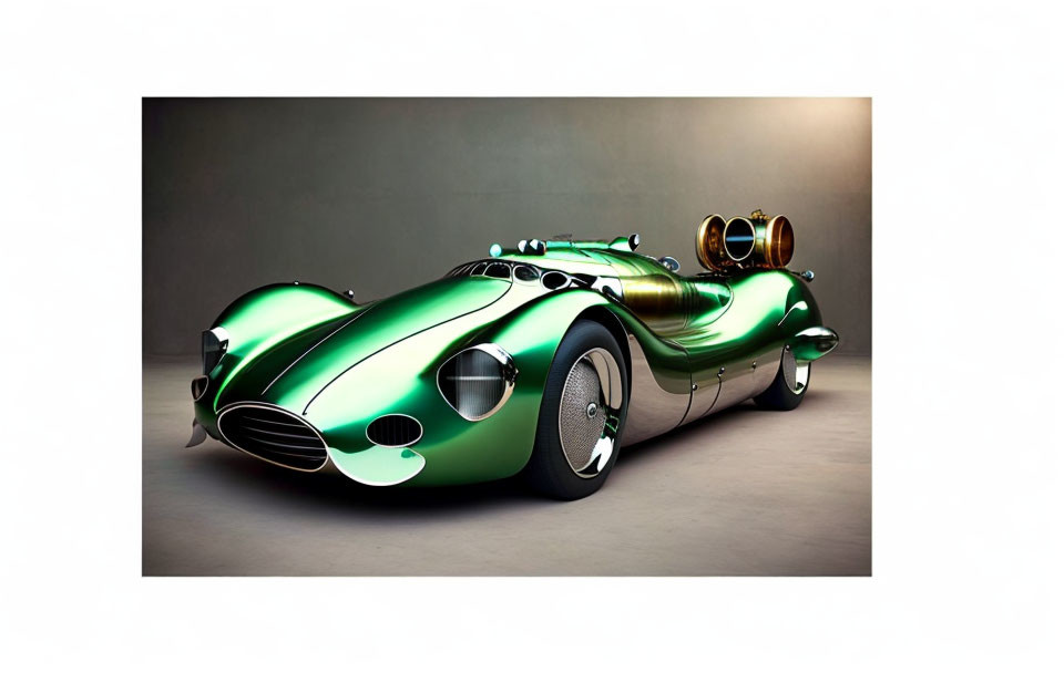 Retro-futuristic green car with elongated body and chrome details