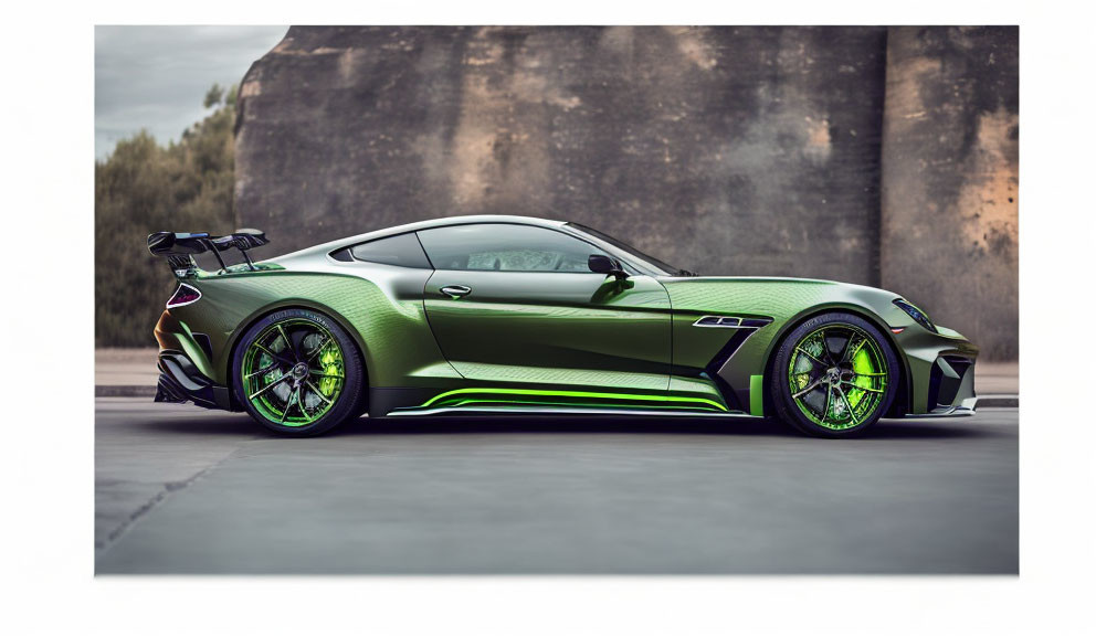 Metallic Green Sports Car with Black Accents and Green Rims on Gray Concrete