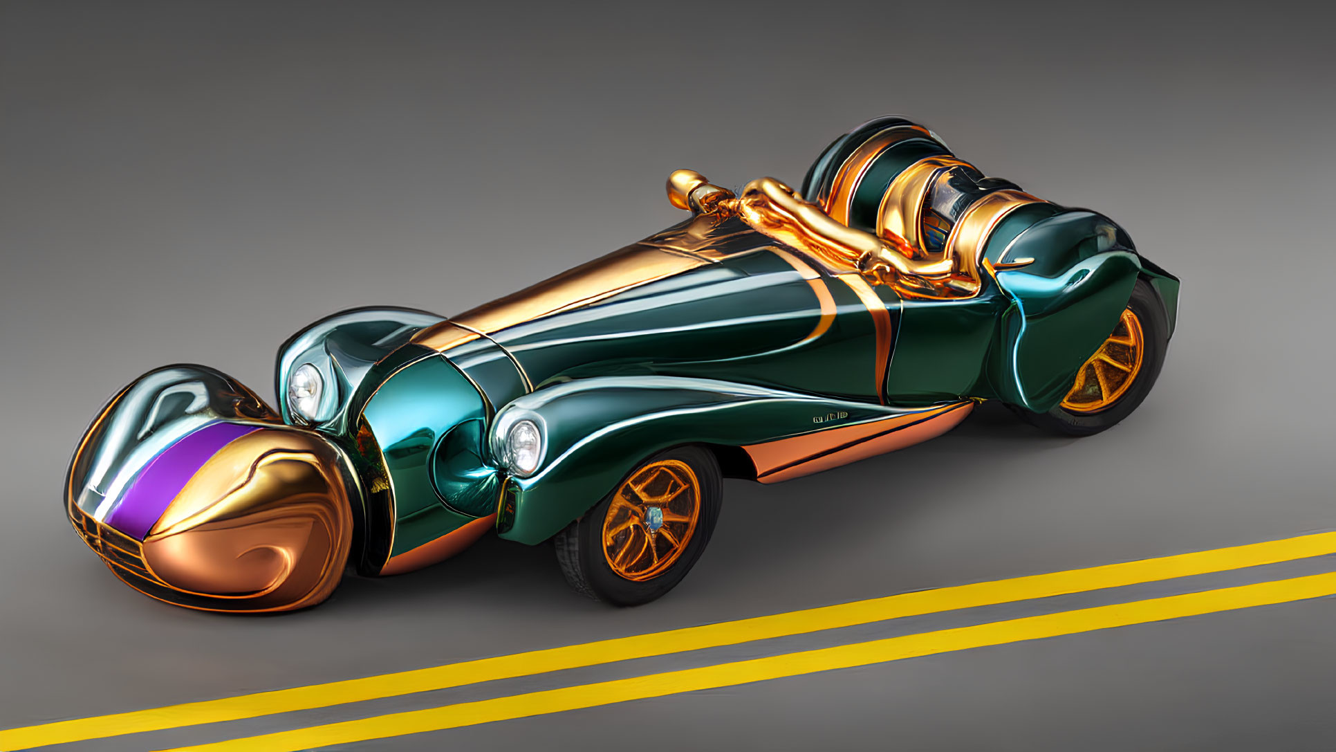 Futuristic green and golden car on gray surface with yellow road lines