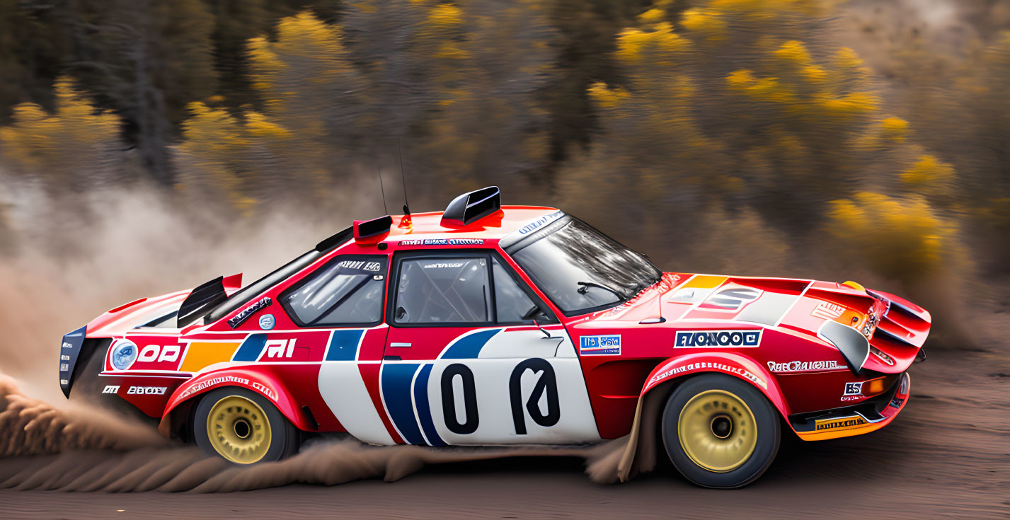 Vintage rally car with red and white livery on dirt track with blurred autumn trees