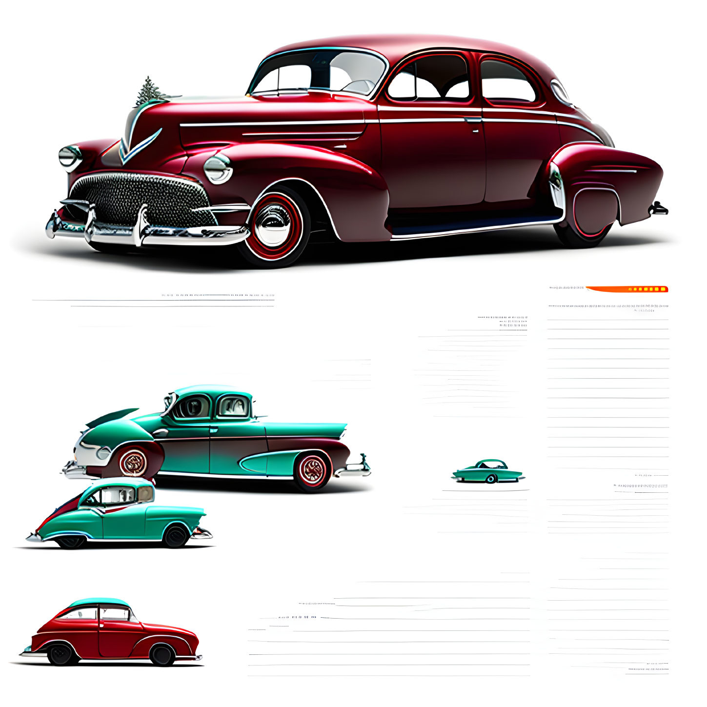 Four Classic Cars with Chrome Grilles and Whitewall Tires on White Background