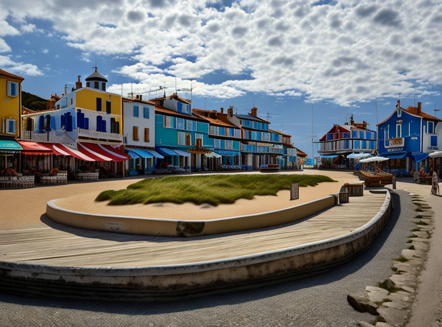 Vibrant seaside promenade with colorful buildings, wooden bench, and lush greenery