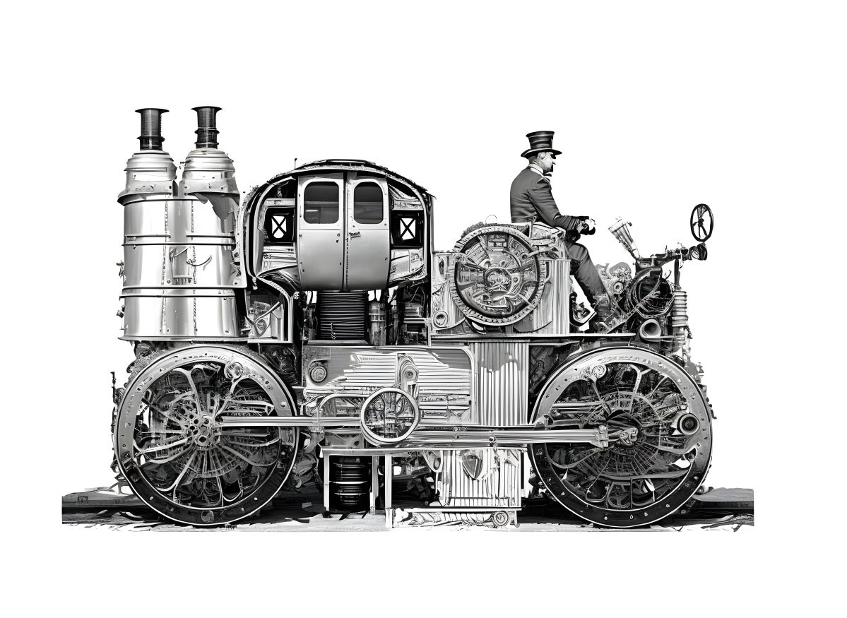 Vintage Steam Engine Illustration with Formal Attire Operator