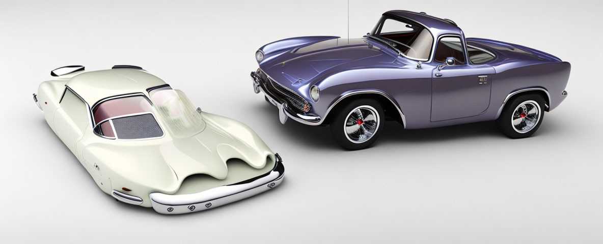 Vintage Cream and Purple Cars on Reflective Surface