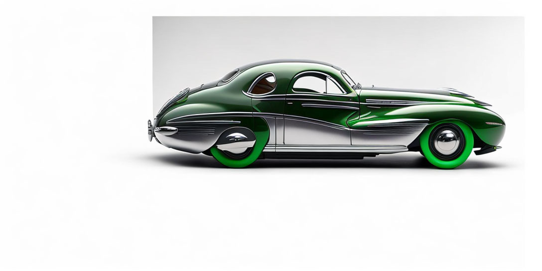 Vintage Green and Silver Streamlined Car on White Background