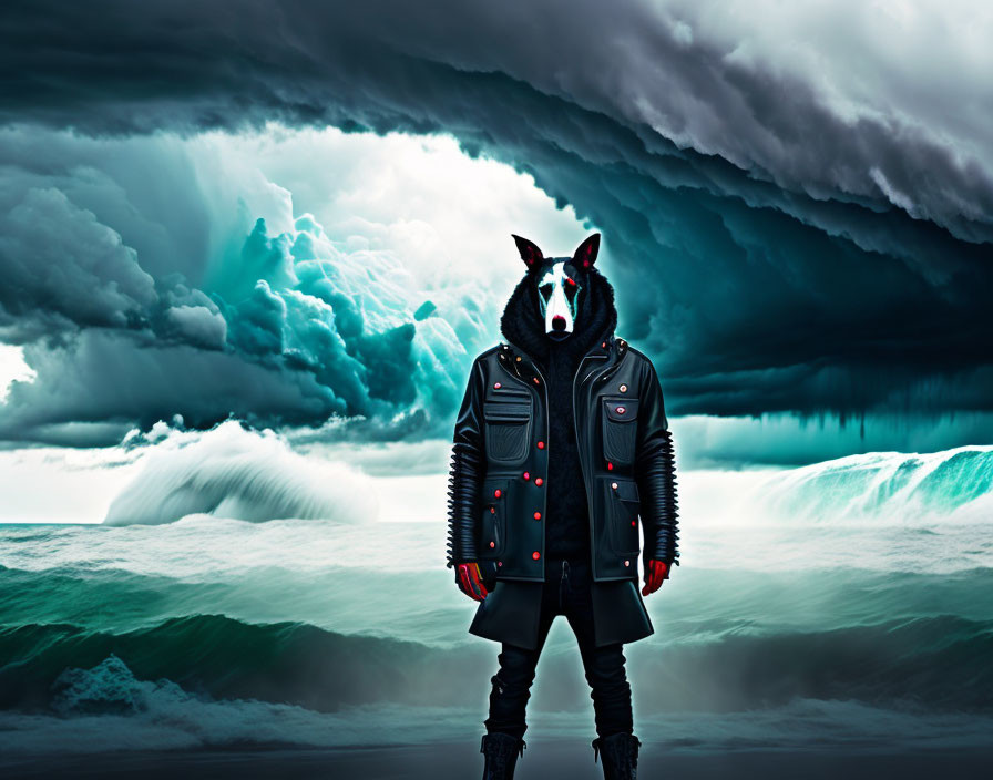 Person in Black Jacket with Dog Head Mask Facing Stormy Seas