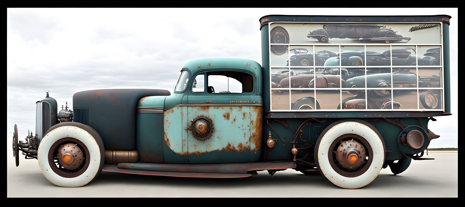 Customized Vintage Truck with Patina Finish and Helmet Collection Display