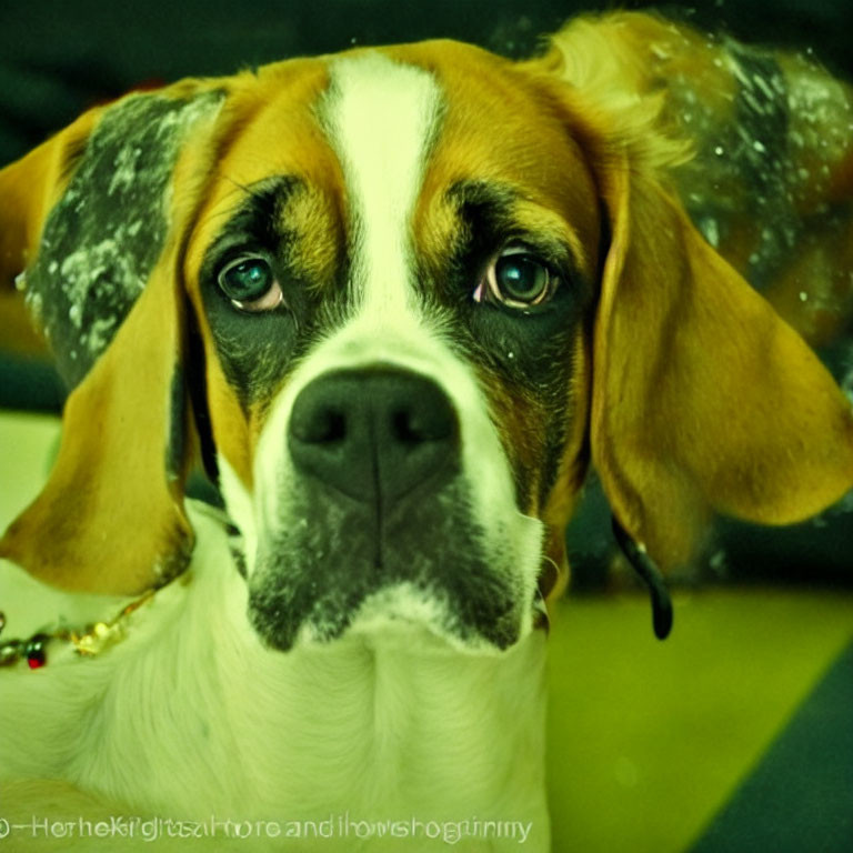 Beagle with soulful eyes and droopy ears on green background