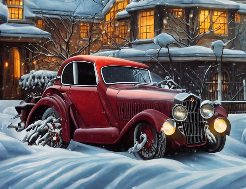 Snow-covered vintage red car outside warmly lit house in winter scene
