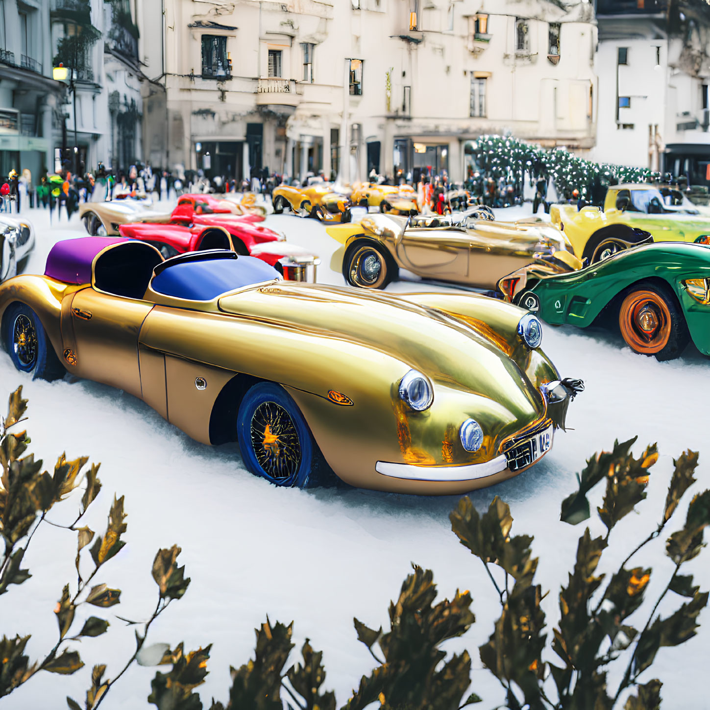 Vintage cars in snowy urban scene with golden car upfront