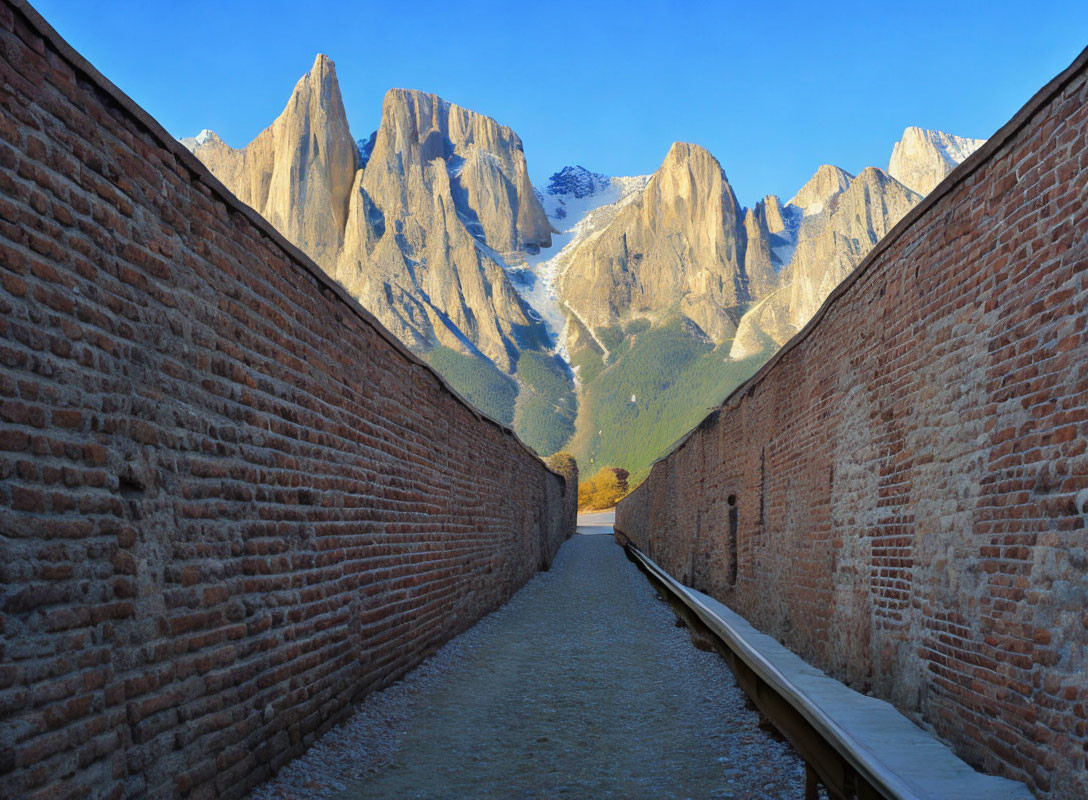 Brick walls lining narrow pathway to majestic mountains