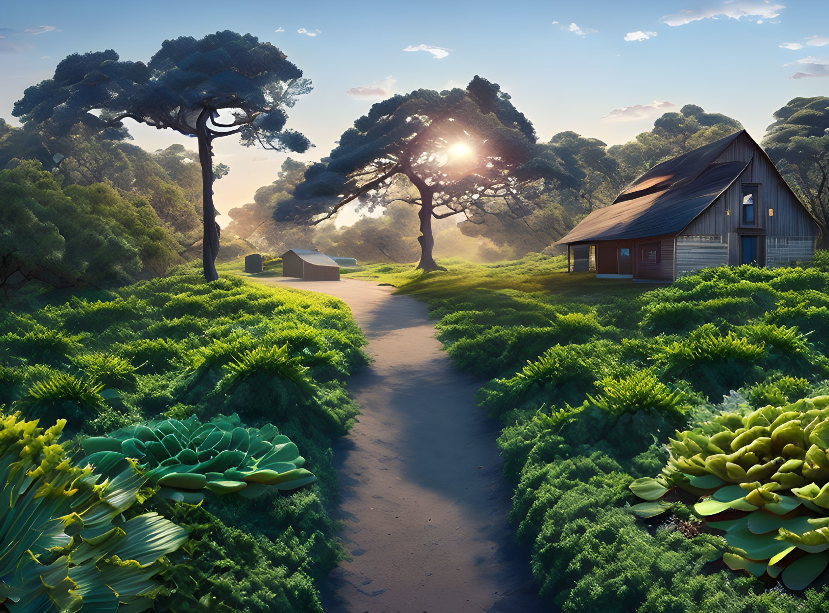 Tranquil landscape with pathway to wooden cabin in lush greenery