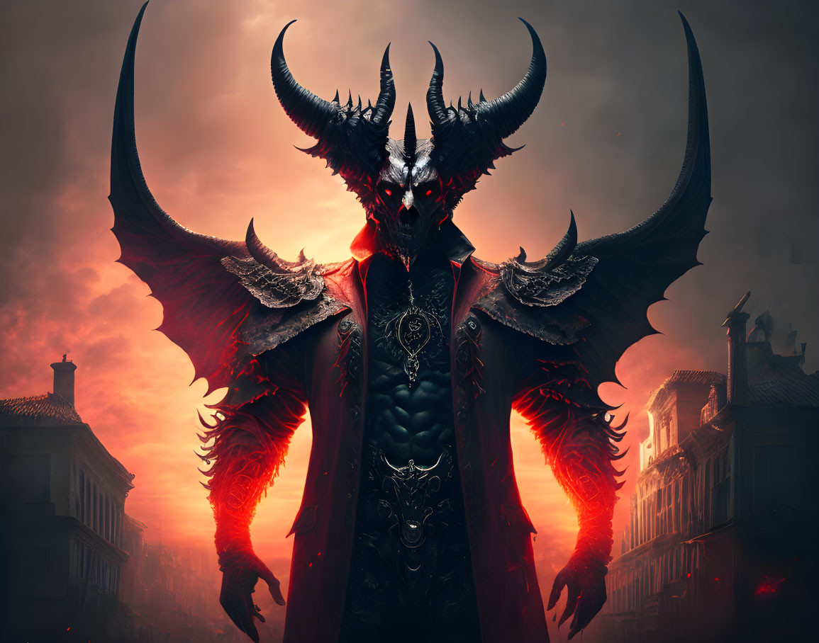 Menacing demon with large horns and wings in fiery apocalyptic cityscape