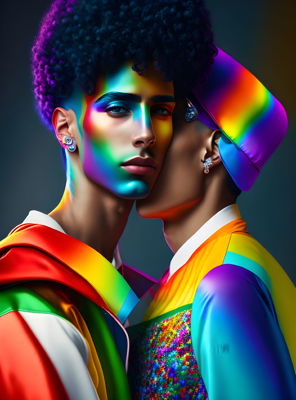 Vibrant rainbow-themed makeup and attire on two individuals