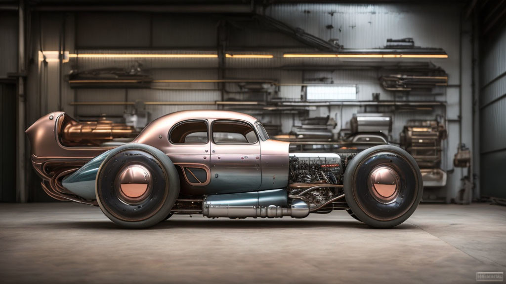 Retro-futuristic car with two-tone copper and steel body in industrial garage