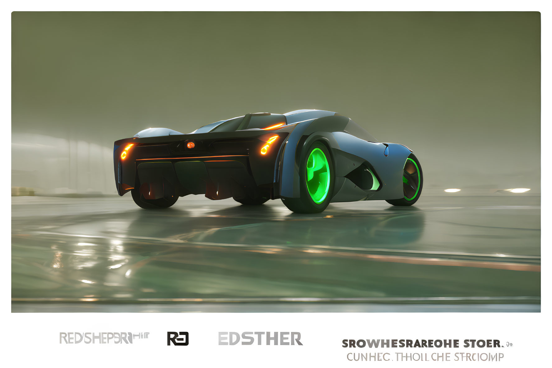 Futuristic Concept Car with Glowing Green Wheels and Aerodynamic Design