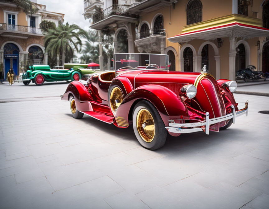 Vintage Red Car with Gold Accents in Plaza with Palm Trees