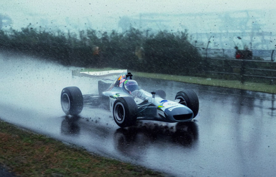 Speeding Racing Car on Wet Track in Heavy Rain