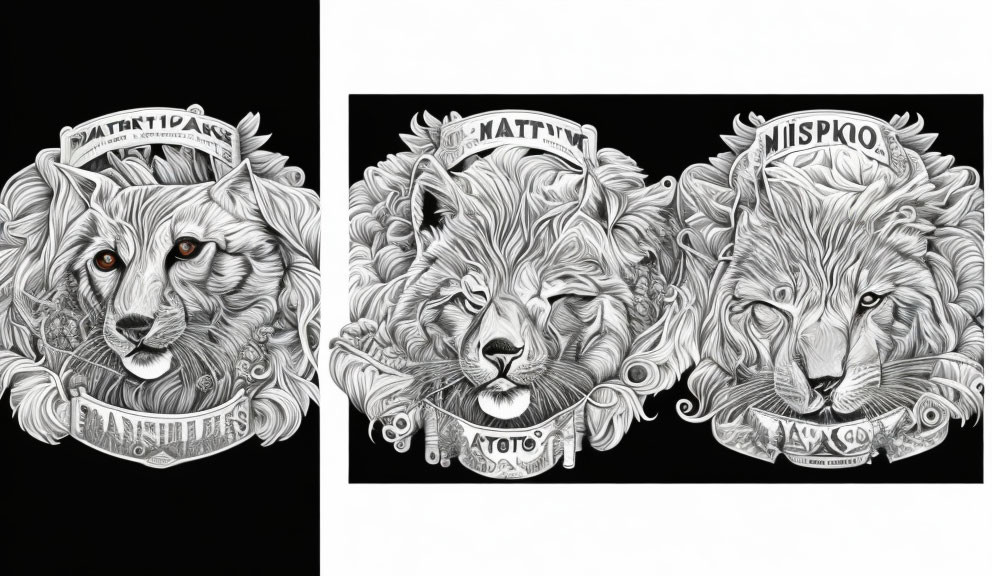 Monochromatic stylized wolf, lion, and tiger with heraldic banners