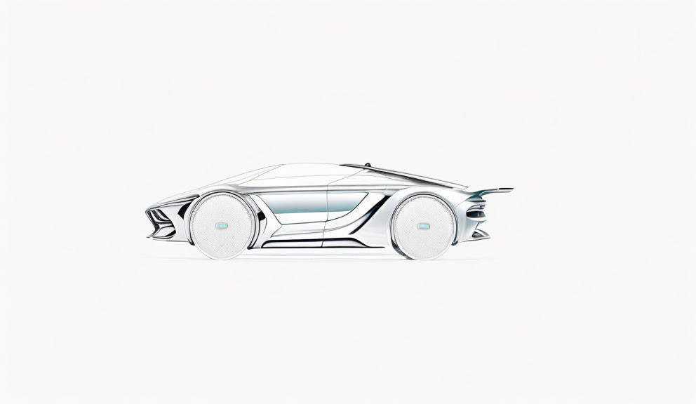 Modern futuristic car line drawing with sleek contours and prominent wheels.