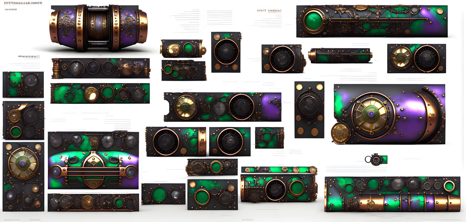 Steampunk-inspired device concept art with intricate mechanical and green luminous designs