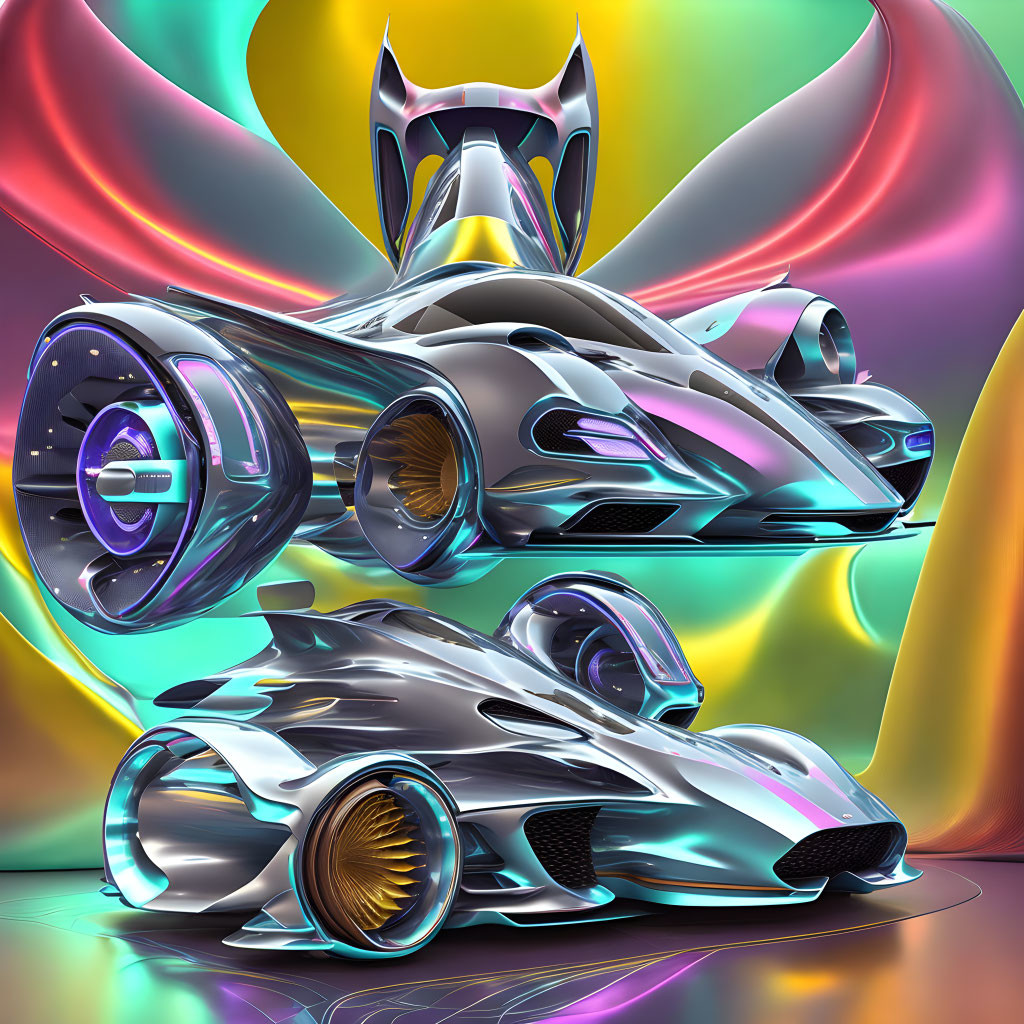 Sleek futuristic cars on vibrant swirling background