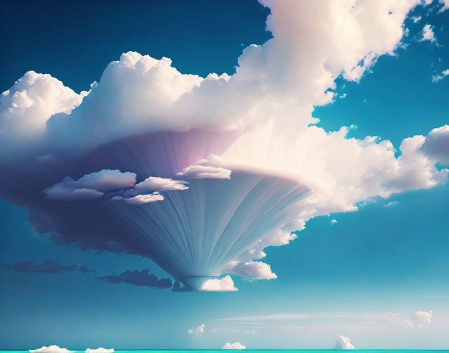 Surreal inverted mushroom cloud formation in blue sky