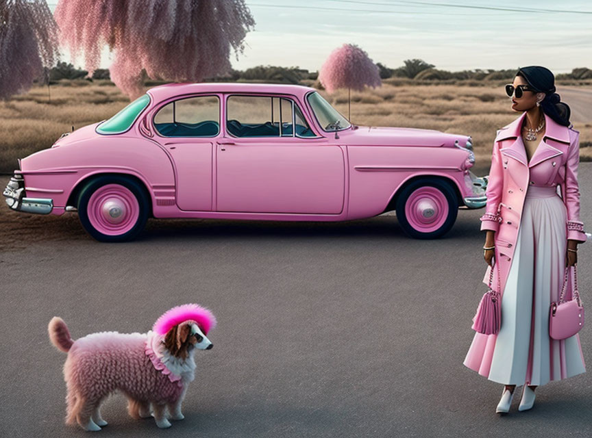 Fashionable woman with pink outfit by vintage car, matching dog accessory, and pink trees in background