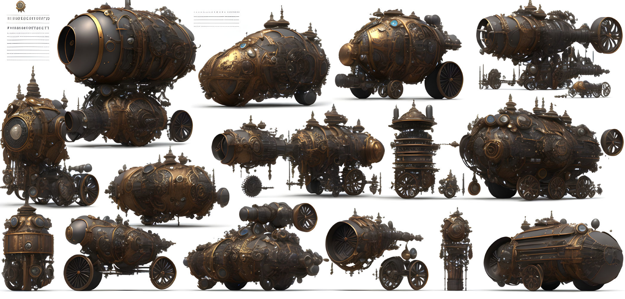 Detailed steampunk submarine designs on white background