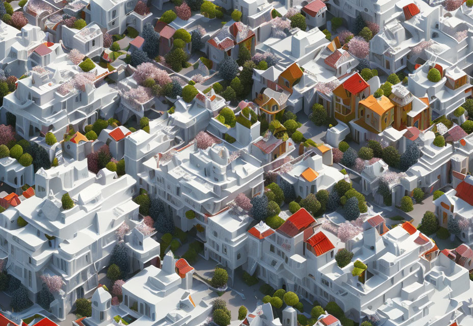 Stylized urban area with white buildings and pink trees aerial view