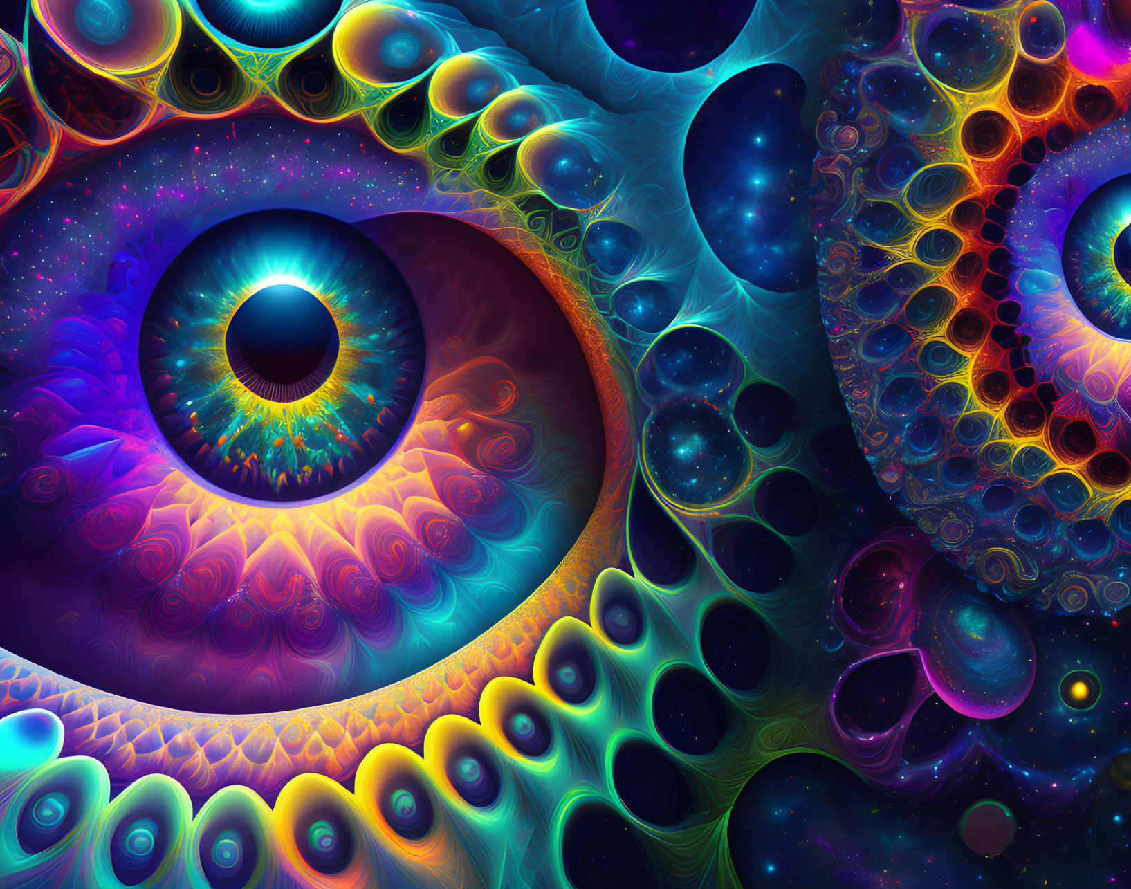 Colorful Digital Artwork: Central Eye & Fractal Patterns