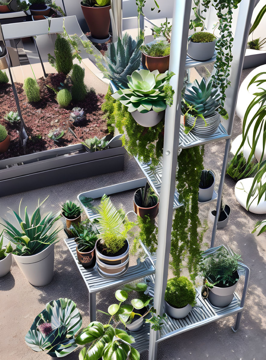 Various potted succulents and plants on tiered metal shelves in bright room