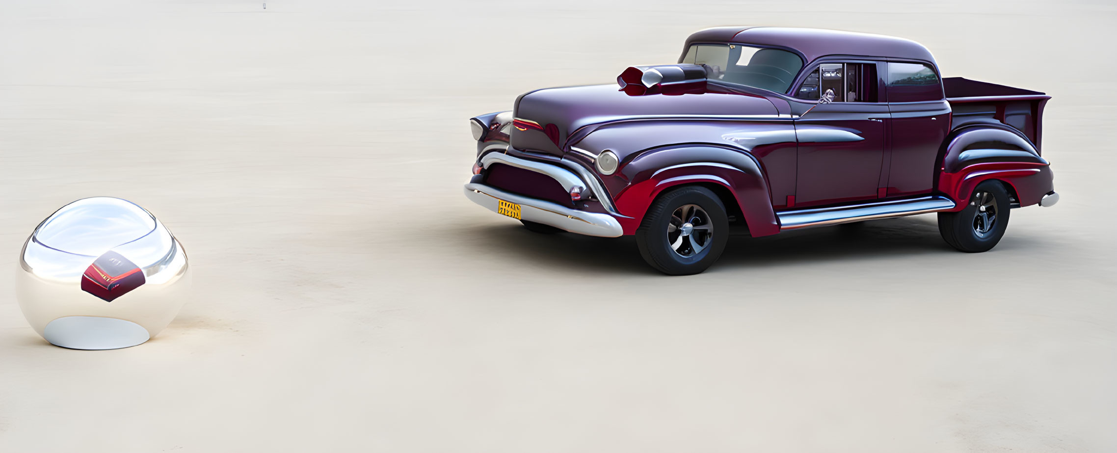 Purple and Silver Pickup Truck Next to White and Red Futuristic Robot