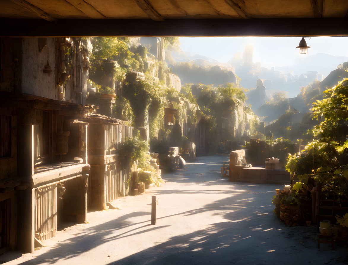 Tranquil street with overhanging balconies and lush greenery