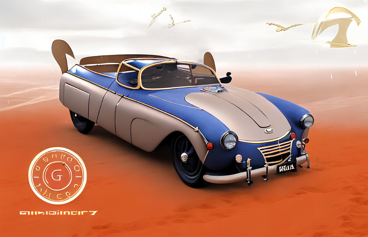 Classic Design Elements on Retro-Futuristic Car in Sandy Terrain