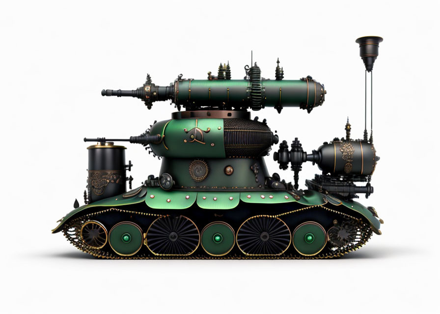 Steampunk-style tank with Victorian brass accents and multiple barrel guns on white background