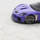 Purple Race Car with Yellow Accents and Design Annotations in Studio Setting