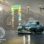 Classic Car Night Scene with Wet City Street & Blurred Traffic