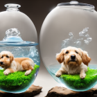 Two puppies in transparent spherical containers with fake grass and blue sky background.