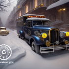 Blue bus with festive lights on snow-covered road in wintry city.