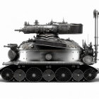 Steampunk-style tank with Victorian brass accents and multiple barrel guns on white background