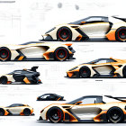 Detailed schematics of orange and black conceptual supercar views