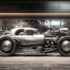 Retro-futuristic car with two-tone copper and steel body in industrial garage