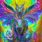 Colorful fantasy artwork: Armored warrior with horns and sword in vibrant nebula.