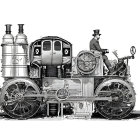 Detailed steampunk-style train illustration with brass and metalwork on white background