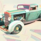 Vintage Teal and White Convertible Car with Exposed Engine on Abstract Beige Background