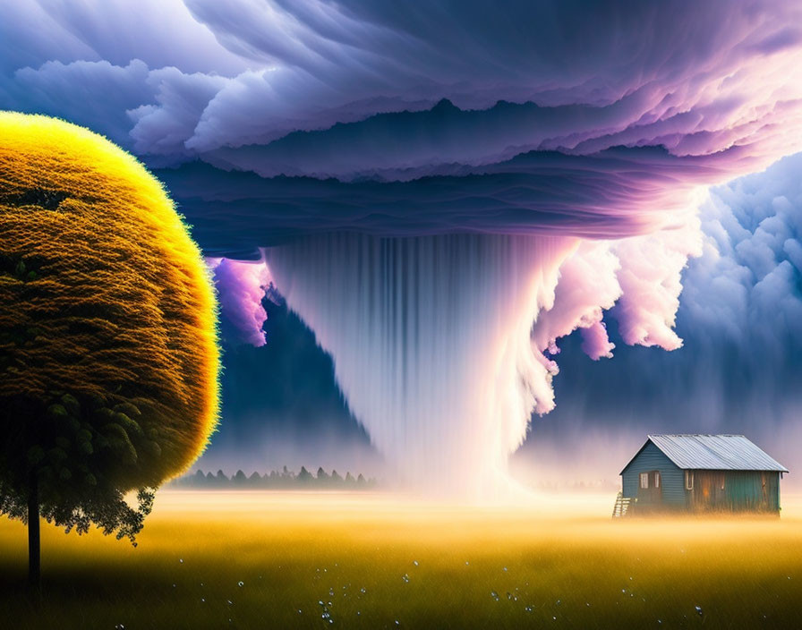 Colorful landscape with golden tree, house, and purple rain clouds over misty field